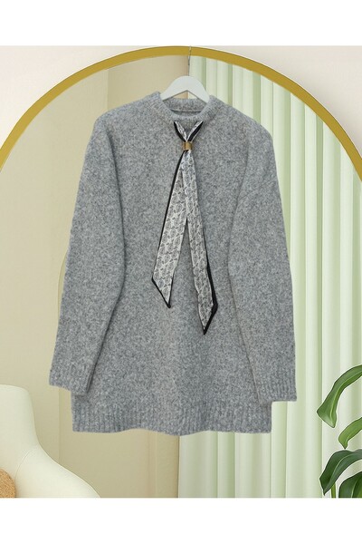 Modamorfo Pulover tricotat moale cu eșarfă - Gri deschis