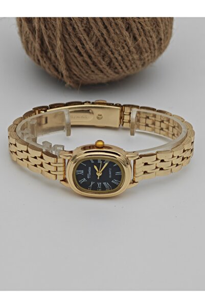 Marlas Retro Women's Wristwatch, Black Dial, Minimal Design, Golden Yellow Case, Roman Numeral Dial