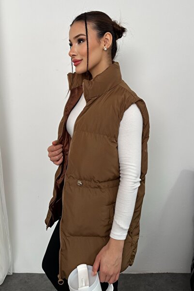 moda armanc Γυναικείο καφέ πουπουλένιο γιλέκο - Αθλητικό πουπουλένιο γιλέκο με τσέπες με φερμουάρ