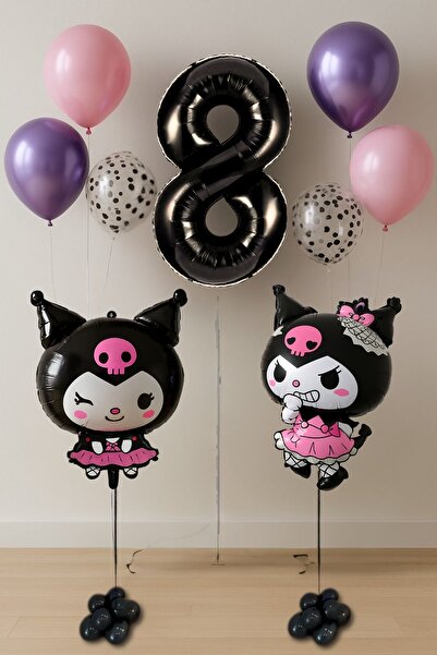 PARTİAVM 8 Yaş İkili Kuromi Tema Doğum Günü Set Siyah Rakam konfeti Şeffaf Ba...