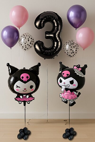 PARTİAVM 3 Year Old Double Kuromi Theme Birthday Set Black Number Confetti Transparent Balloon Helium Compatible Flying Balloon