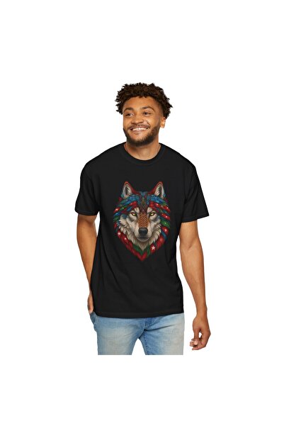 mrmubomen Unisex Black Oversized Flag Wolf Patterned Tshirt