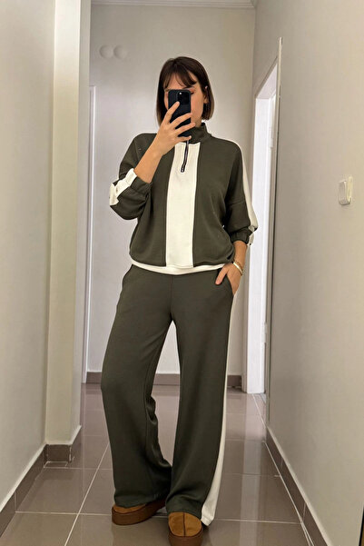 Kubos Moda طقم بدلة رياضية من قماش الكاكي المرن بتصميم مخطط وقابل للتعديل بسحاب