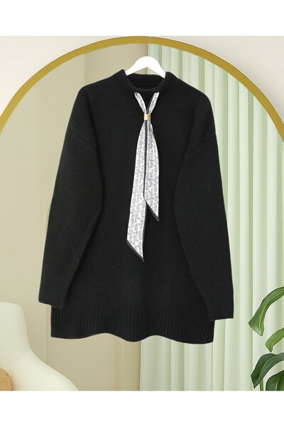 Modamorfo Pulover tricotat moale cu eșarfă -Negru