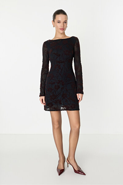 boneqa barcelona Sırt Dekolteli Çiçek Desenli Kahverengi Elbise