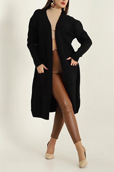 AURRARİ Black Knitted Sweater Cardigan with Long Pockets