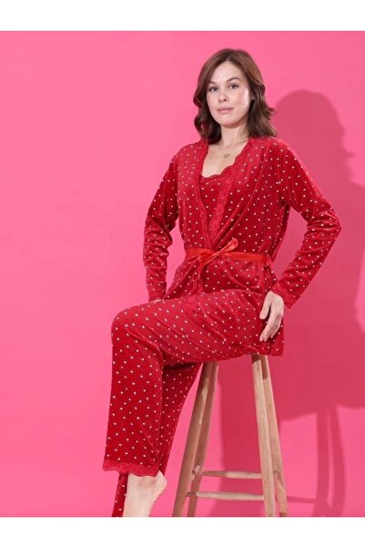 BOYRAZ Velvet Heart Patterned 3-Piece Women's Pajama Set – Size Range S–Xxl