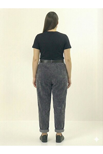 della moor Women's Gray Italian Wide Fit Belted L Stretch Fabric Velvet Trousers 42 - 50 Size Range