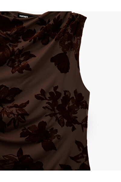 Koton Slim Fit Sleeveless Crew Neck Draped Floral Tulle Long Pencil Dress