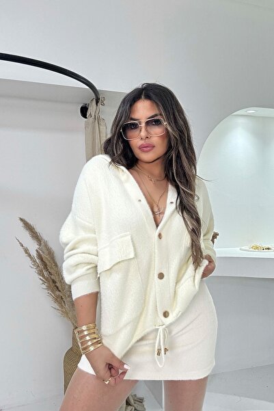 Sohotique By P Bearded Knitted Cardigan with Hooded Snaps Ecru