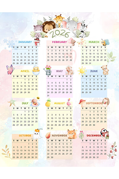 Rana İkra Art 2026 Renkli Safari Temalı Takvim (32.9×50 Cm) (İNGİLİZCE)