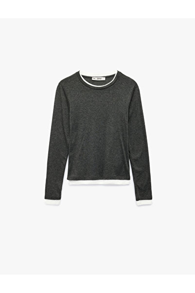 Koton Crew Neck Piped Slim Fit Viscose Blended Long Sleeve T-Shirt