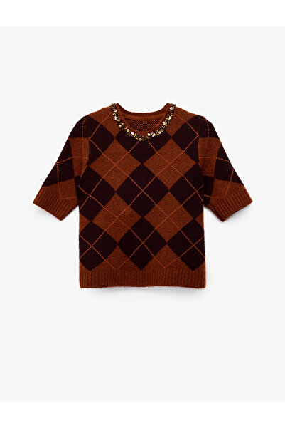 Koton X Melis Ağazat - Short Sleeve Crew Neck Stone Diamond Pattern Knit Sweater