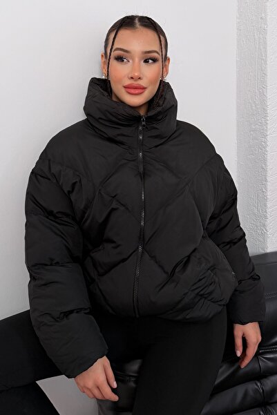 moda armanc Women's Black Oversized Puffer Coat - High Collar, Argyle Pattern