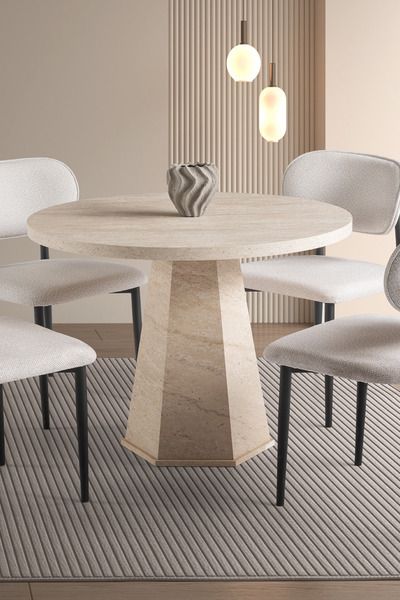 Liya Akçay Yuvarlak Yemek Masası Ahşap Salon Yemek Masası Bohem Mutfak Masası 4 Kişilik Meşe 100 Cm Çap