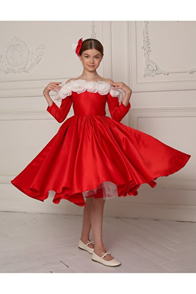 Kids Girl's Rose-Detail Evening Dress and Buckle Graduation Wedding Special Day