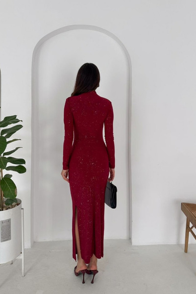 moda poni Long Sleeve Drape Detail Red Glitter Dress