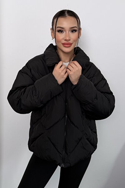 moda armanc Women's Black Oversized Puffer Coat - High Collar, Argyle Pattern