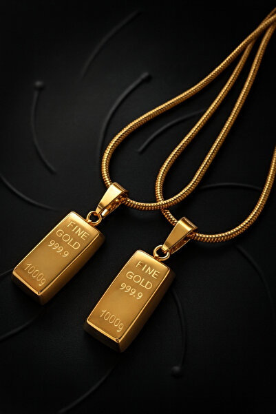 Staınless Külçe Altınlı Kolye Steel Çelik