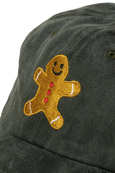 Nome Studio Green New Year's Hat Cookie Man Embroidered Khaki Fabric Hat Cotton Adjustable New Year Gingerbread