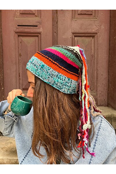 Bohoyasam Renkli El Örgüsü Uzun Püsküllü & Saçaklı Tasarım Bohem Bere - Yumuşak Dokulu, Kışlık Bere