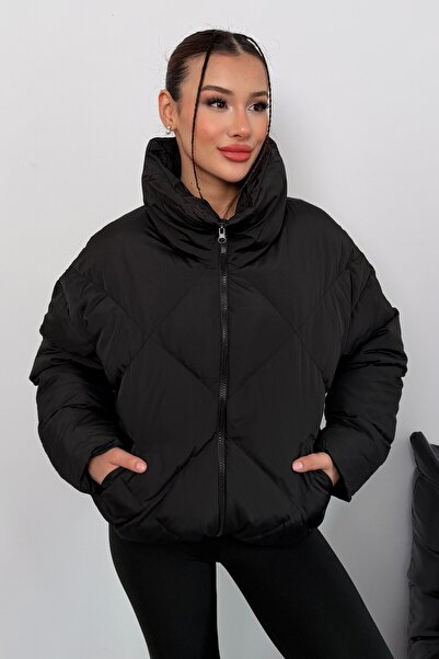 moda armanc Women's Black Oversized Puffer Coat - High Collar, Argyle Pattern