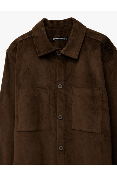 Koton Regular Fit Cotton Pocket Classic Collar Long Sleeve Corded Fabric Velvet Shirt Jacket