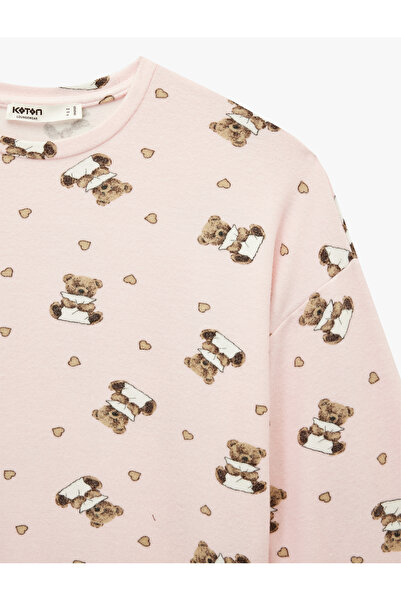 Koton Long Sleeve Crew Neck Teddy Bear Printed Pajama Top