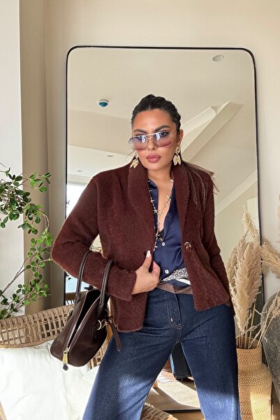 Sohotique By P Bearded Knitted Jacket Model Single Button Cardigan Brown