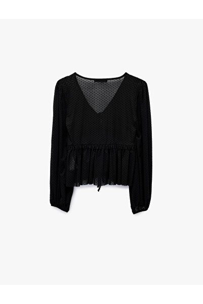 Koton Long Sleeve Front Tie Detail Ruffled Polka Dot Tulle Blouse