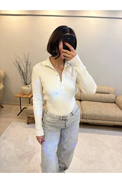 COFCOF Kadın Çıtçıt Yaka Ribana Uzun Kollu Triko