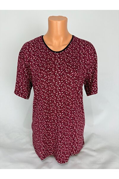 YAŞAR TRİKO Women's Burgundy U-Neck Short Sleeve Floral Pattern Slit Woven Vi...