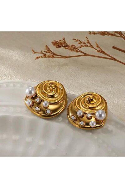 Haziran Gold Lux Design Steel Women's Earrings with Zircon and Pearl Stone Ac...
