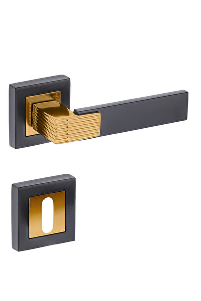 zerafev PREMİUM AHENK KARE ROZETLİ KAPI KOLU (ODA-WC-YALE KİLİT TİPLERİ)(TAKIM) SİYAH - ALTIN