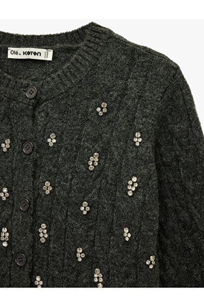 Koton Hair Braid Textured Stone Detailed Buttoned V-Neck Knitwear Cardigan