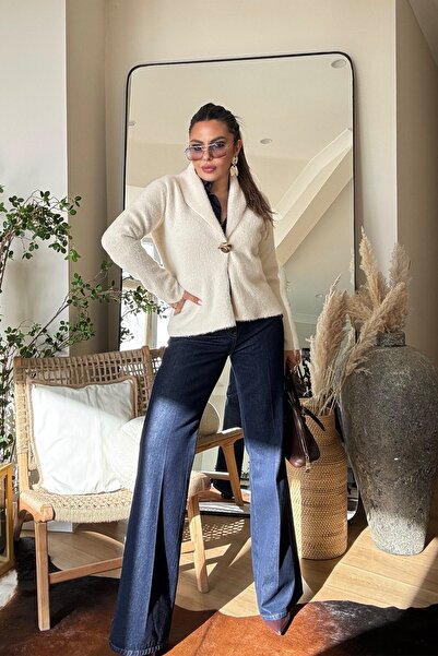 Sohotique By P Bearded Knitted Jacket Model Single Button Cardigan Stone