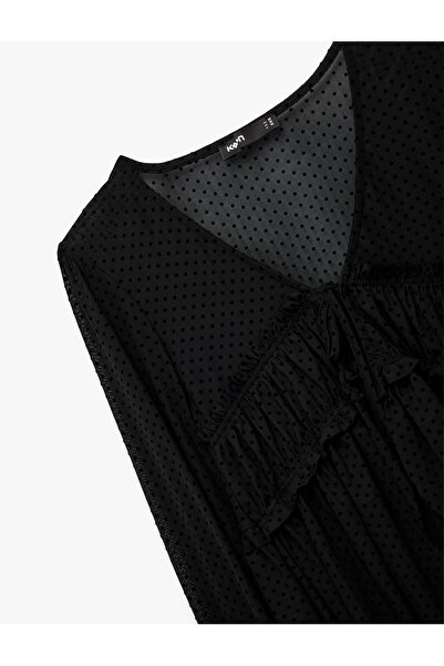 Koton Long Sleeve Front Tie Detail Ruffled Polka Dot Tulle Blouse