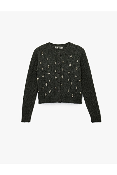 Koton Hair Braid Textured Stone Detailed Buttoned V-Neck Knitwear Cardigan