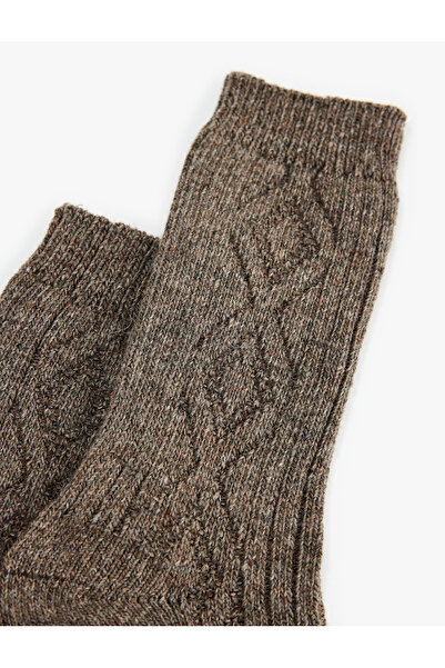 Koton Thick Sheep Wool Blend Diamond Pattern Textured Socks