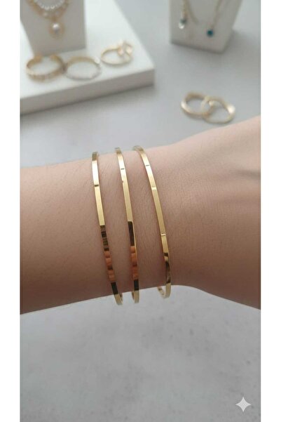 bujiteris ✨ Şık ve Zarif: 3'lü İnce Gold Çelik Kelepçe Bilezik Seti (Ajda Mod...