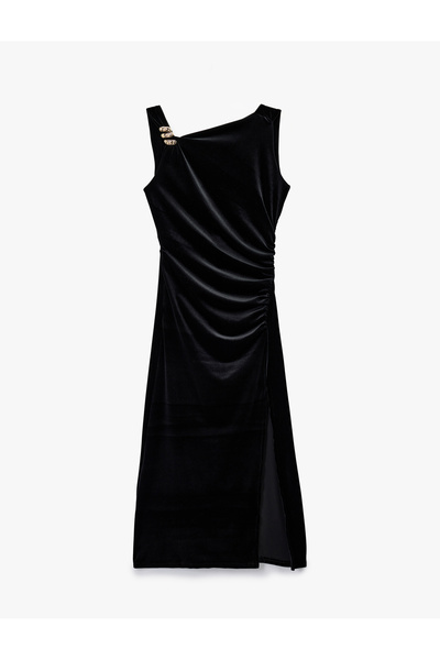 Koton Rochie din catifea, fără mâneci, cu decolteu asimetric, lungime midi, cu cu fantă accesorii