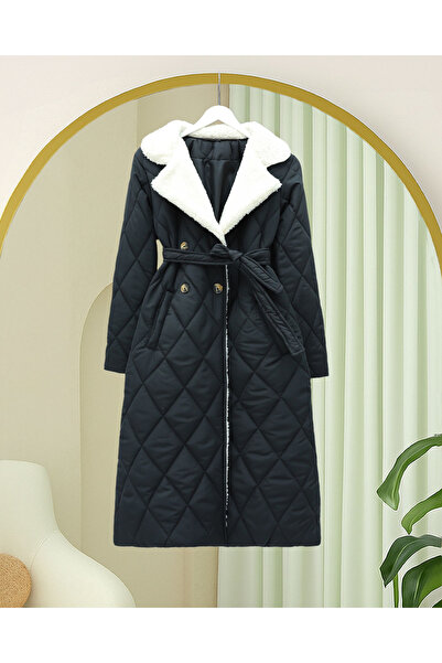 Modamorfo Καπιτονέ παλτό με λούτρινο γιακά και επένδυση από βελούδο, με ζώνη στη μέση και τσέπες - Μαύρο