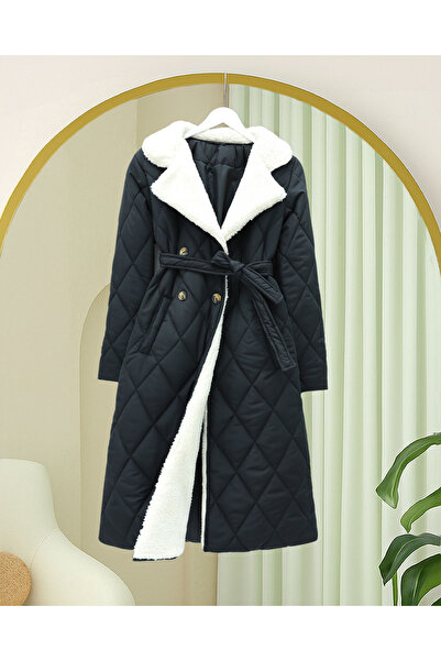 Modamorfo Καπιτονέ παλτό με λούτρινο γιακά και επένδυση από βελούδο, με ζώνη στη μέση και τσέπες - Μαύρο