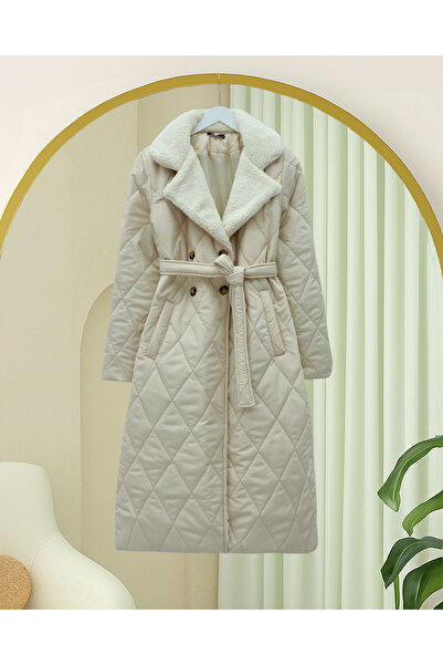 Modamorfo Καπιτονέ παλτό με λούτρινο γιακά και επένδυση από βελούδο, με ζώνη στη μέση και τσέπες - Μπεζ