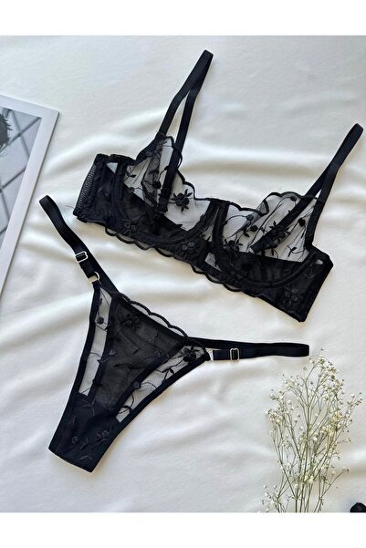 DİA SENSE Siyah Çiçek Nakışlı Tül Balenli Sütyen Takımı & Bralet Sütyen Tanga...