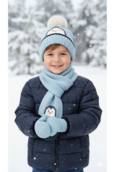 STELLA VESTİNO Penguin Figured Fleece Inside Boys' Scarf, Beanie, Gloves 3-Pi...