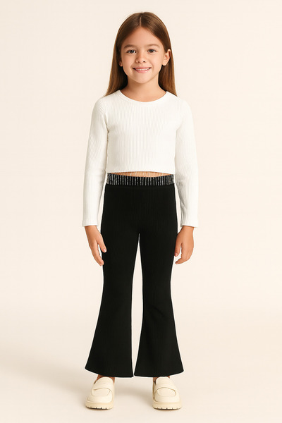 mini kanka Combinație de crop top cu nervuri și pantaloni negri evazați pentr...