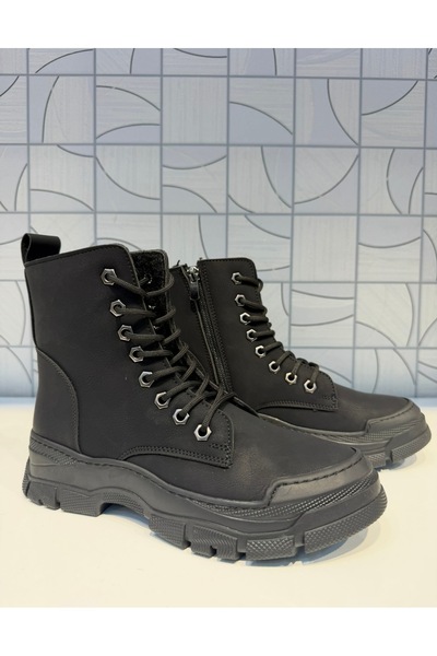 Anıl Ayakkabı Rana Women's Black Zippered Lace-Up Boots Rubber Non-Slip Sole Sports Casual Boots