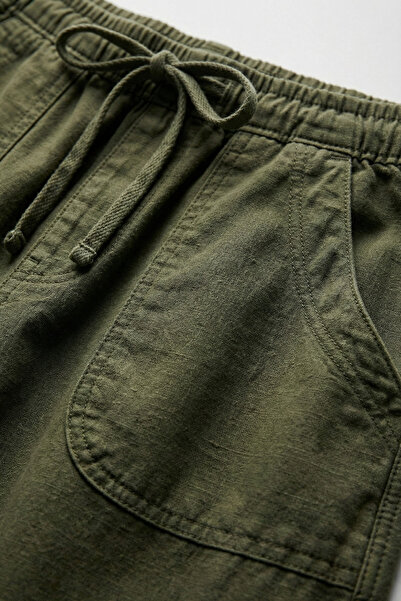 Atölye Güven Women's Khaki Drawstring Waist Patch Pocket Linen Look Balloon Pants - 100% Cotton