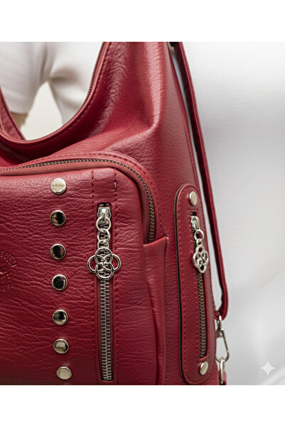 Kılinkır Shallow Model High Quality Soft Leather with Stone Side Pockets Multi-Section Large Size Backpack and Shoulder Bag